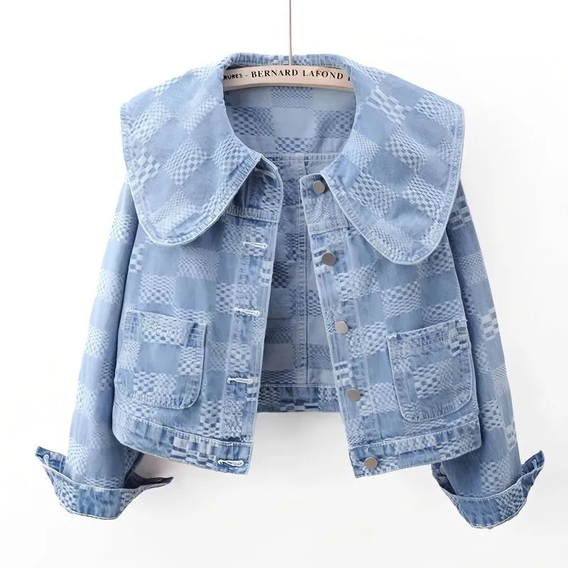 Denim Jackets- Women Cropped Denim Jacket with Peter Pan Collar- - Pekosa Women Fashion