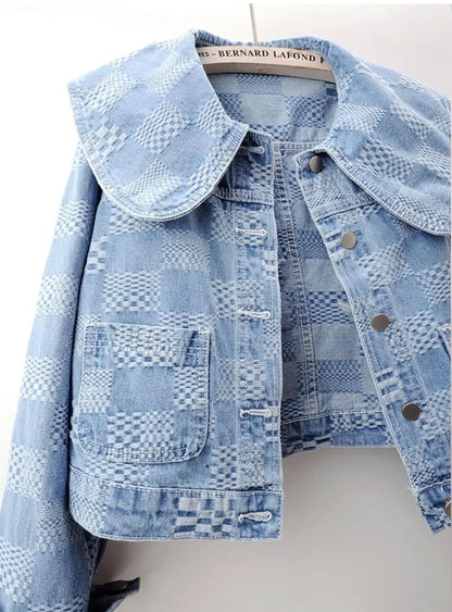 Denim Jackets- Women Cropped Denim Jacket with Peter Pan Collar- - Pekosa Women Fashion