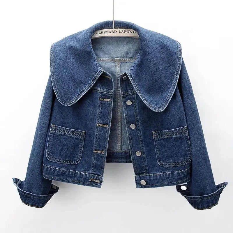 Denim Jackets- Women Cropped Denim Jacket with Peter Pan Collar- Blue- Pekosa Women Fashion