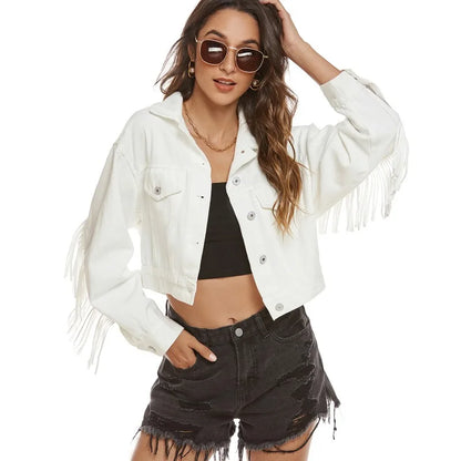 Denim Jackets- Women Fringed Denim Cropped Jacket for Daily Wear- Beige- Chuzko Women Clothing