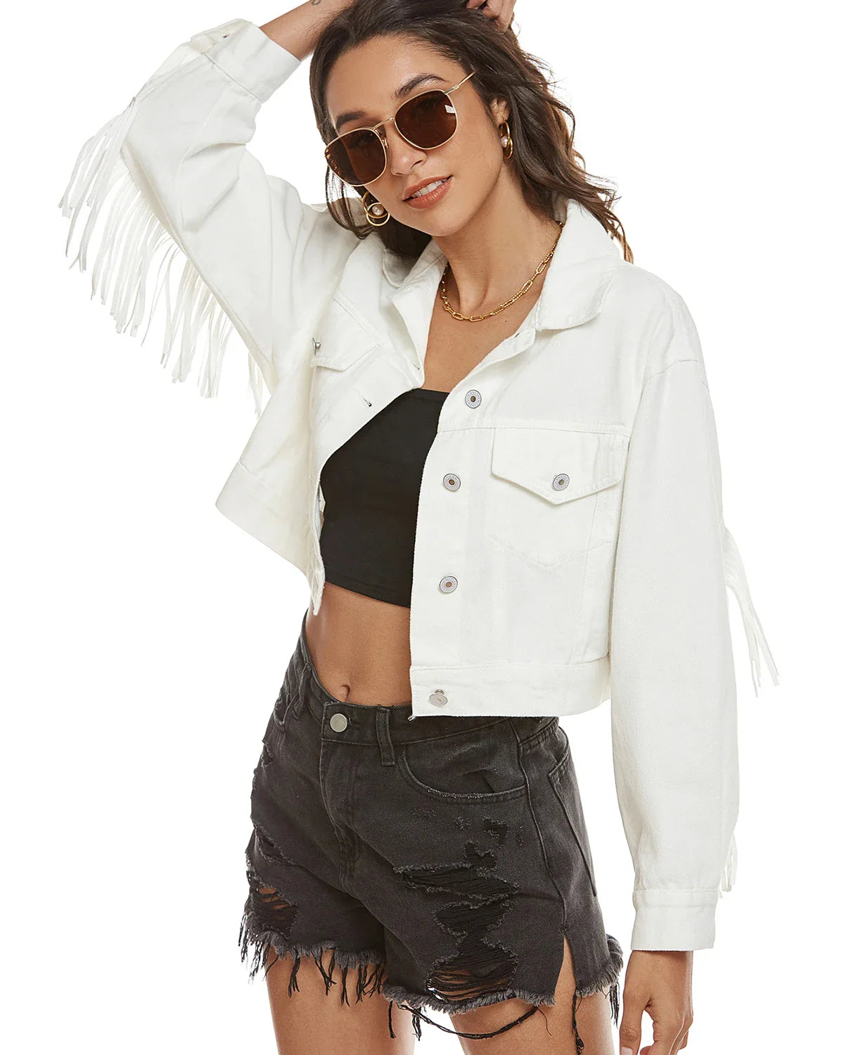 Denim Jackets- Women Fringed Denim Cropped Jacket for Daily Wear- - Chuzko Women Clothing