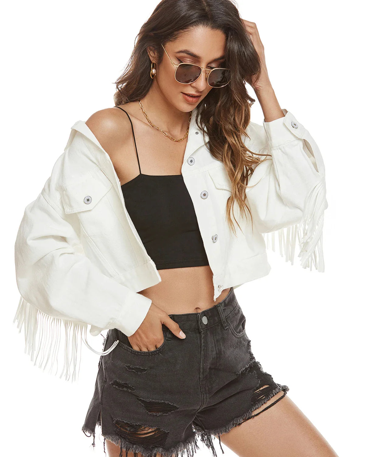 Denim Jackets- Women Fringed Denim Cropped Jacket for Daily Wear- - Chuzko Women Clothing