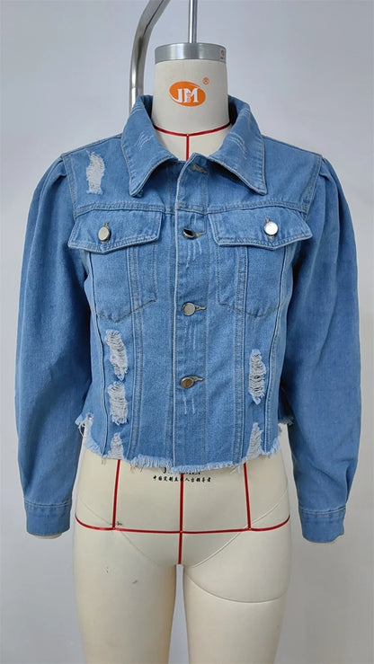 Denim Jackets- Women Light Wash Distressed Cropped Denim Jacket- - Chuzko Women Clothing