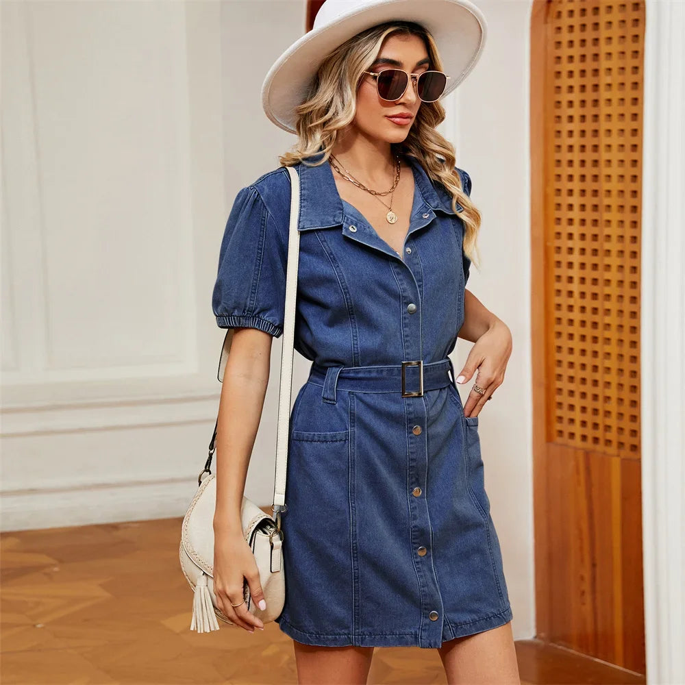 Denim Mini Dresses - Belted Denim Mini Dress