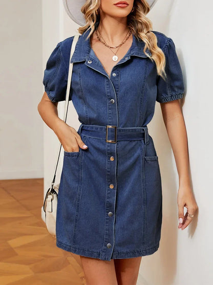 Denim Mini Dresses - Belted Denim Mini Dress