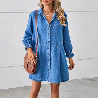 Denim Mini Dresses - Casual Denim Mini Shirt Dress - Relaxed Fit