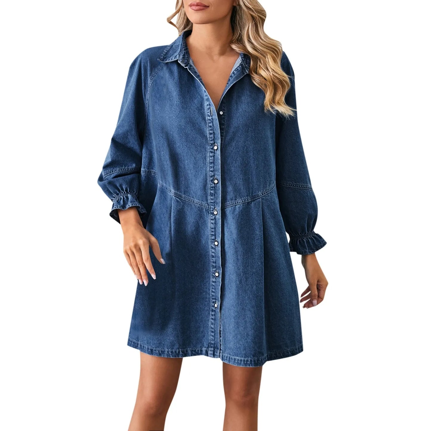 Denim Mini Dresses - Casual Denim Mini Shirt Dress - Relaxed Fit