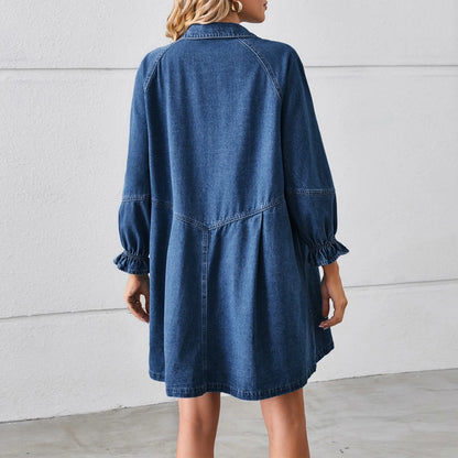 Denim Mini Dresses - Casual Denim Mini Shirt Dress - Relaxed Fit