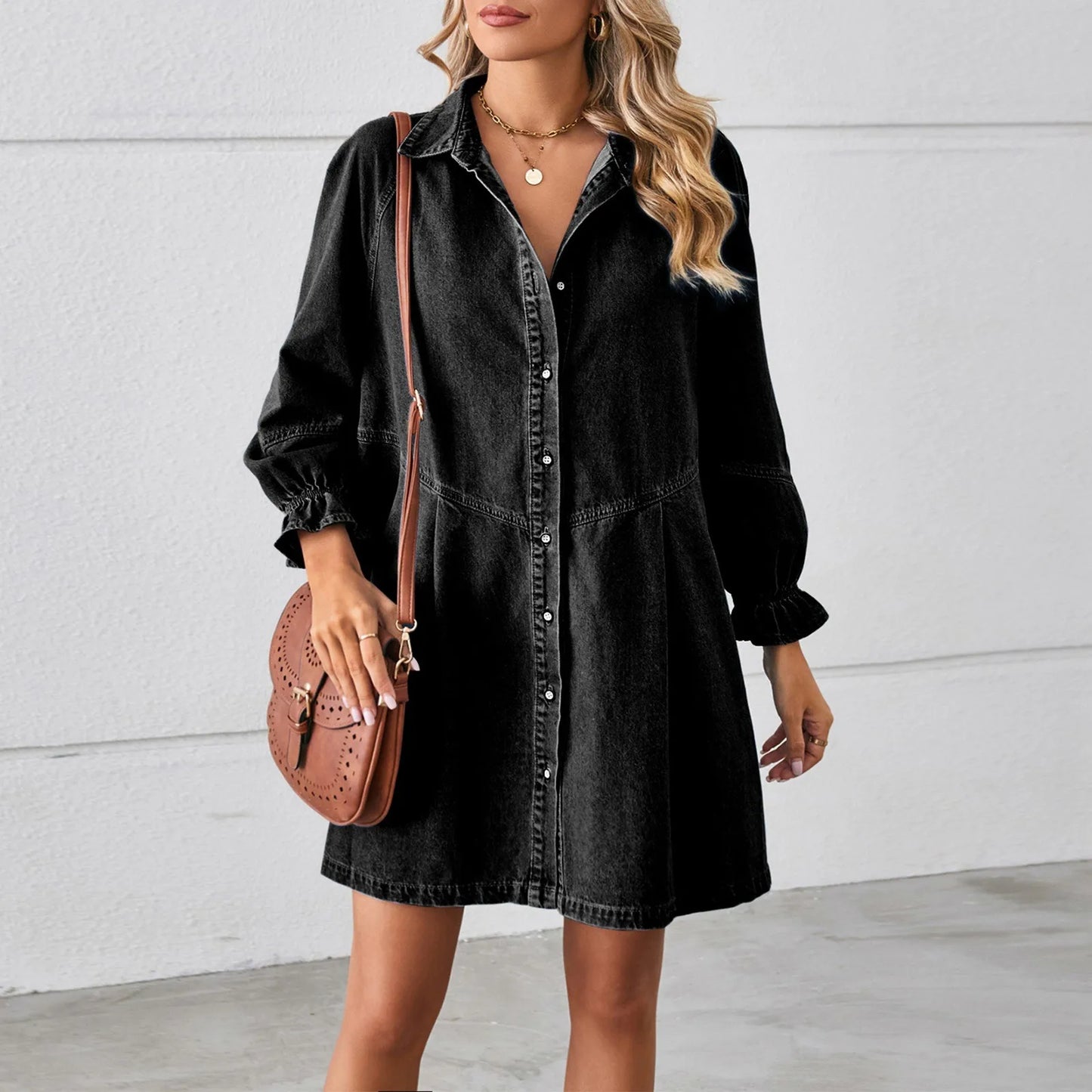 Denim Mini Dresses - Casual Denim Mini Shirt Dress - Relaxed Fit