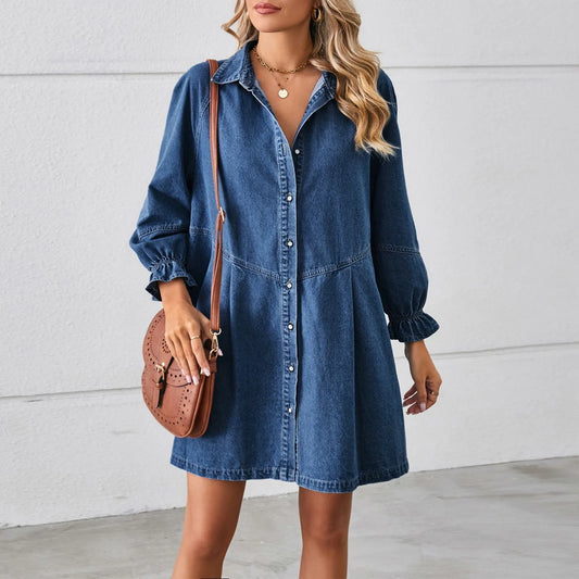 Denim Mini Dresses - Casual Denim Mini Shirt Dress - Relaxed Fit