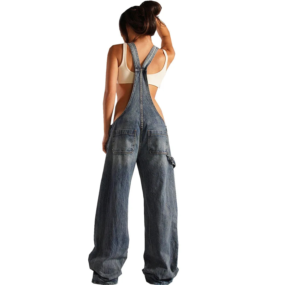 Denim Overalls- Sleeveless Loose Denim Overalls Wide Leg