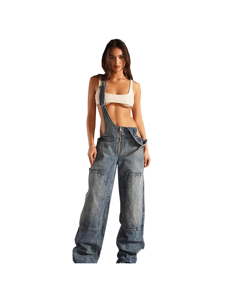 Denim Overalls - Sleeveless Loose Denim Overalls Wide Leg