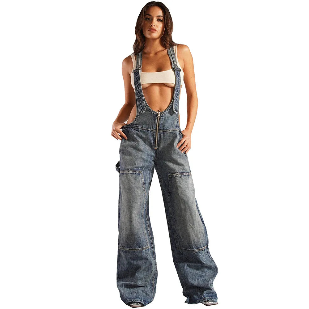 Denim Overalls- Sleeveless Loose Denim Overalls Wide Leg