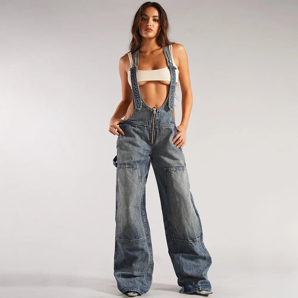 Denim Overalls- Sleeveless Loose Denim Overalls Wide Leg