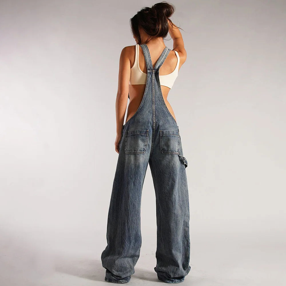 Denim Overalls- Sleeveless Loose Denim Overalls Wide Leg