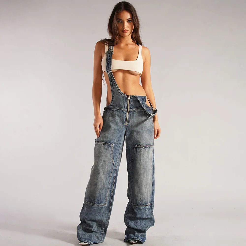 Denim Overalls- Sleeveless Loose Denim Overalls Wide Leg