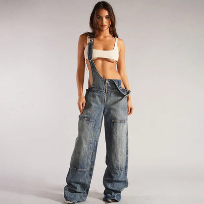 Denim Overalls - Sleeveless Loose Denim Overalls Wide Leg