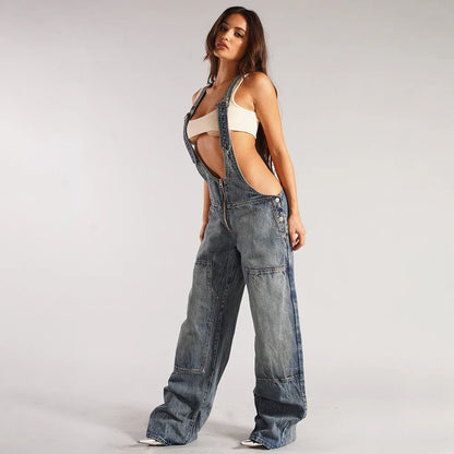 Denim Overalls - Sleeveless Loose Denim Overalls Wide Leg