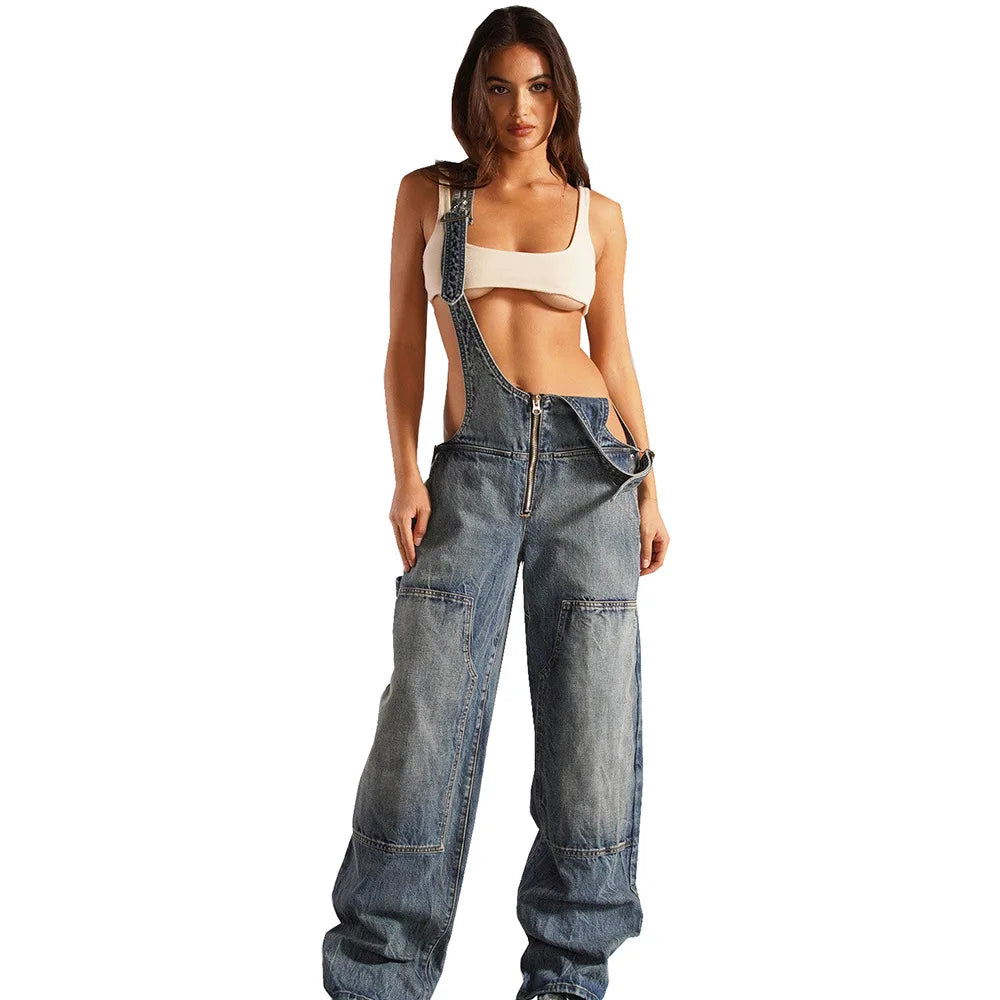 Denim Overalls- Sleeveless Loose Denim Overalls Wide Leg