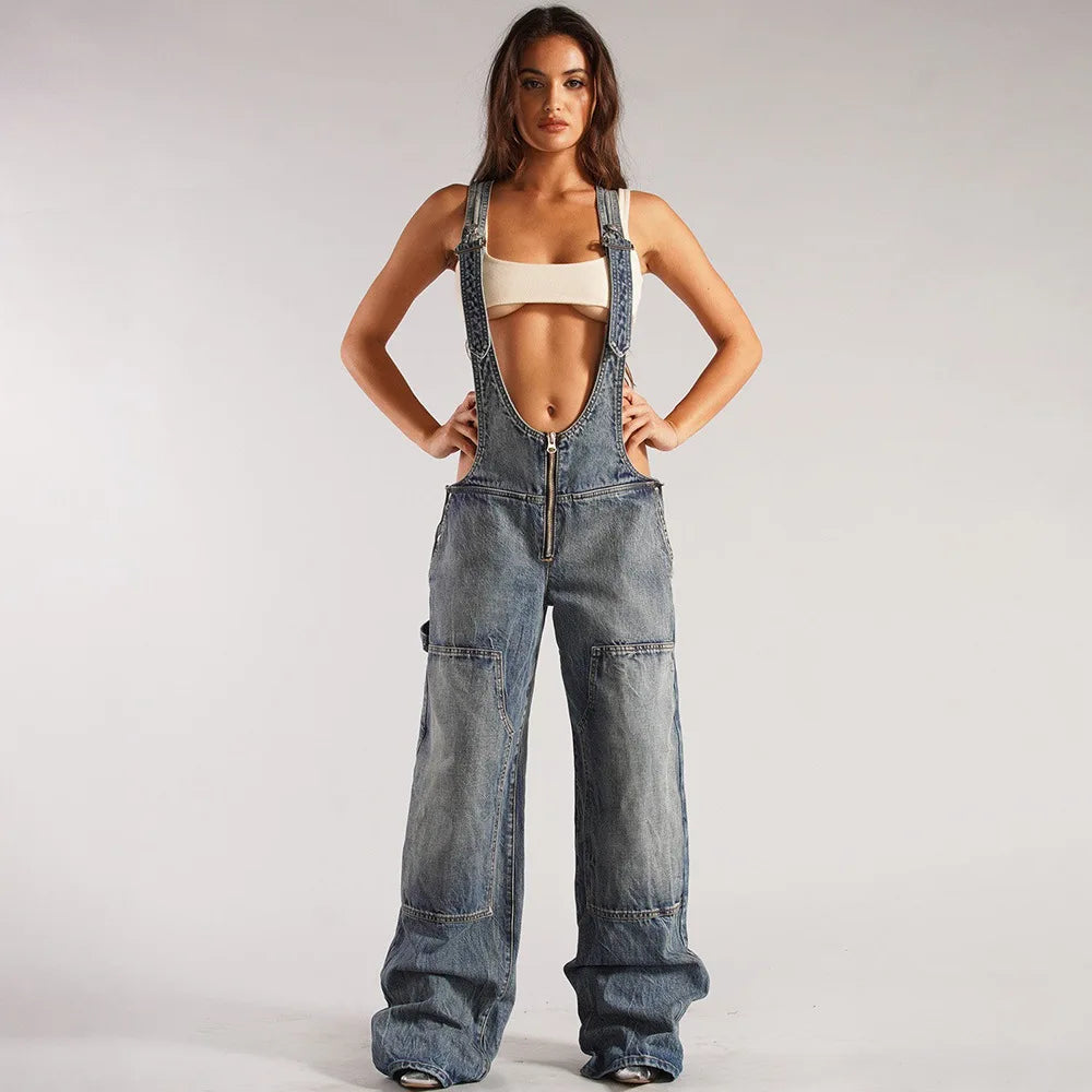 Denim Overalls - Sleeveless Loose Denim Overalls Wide Leg