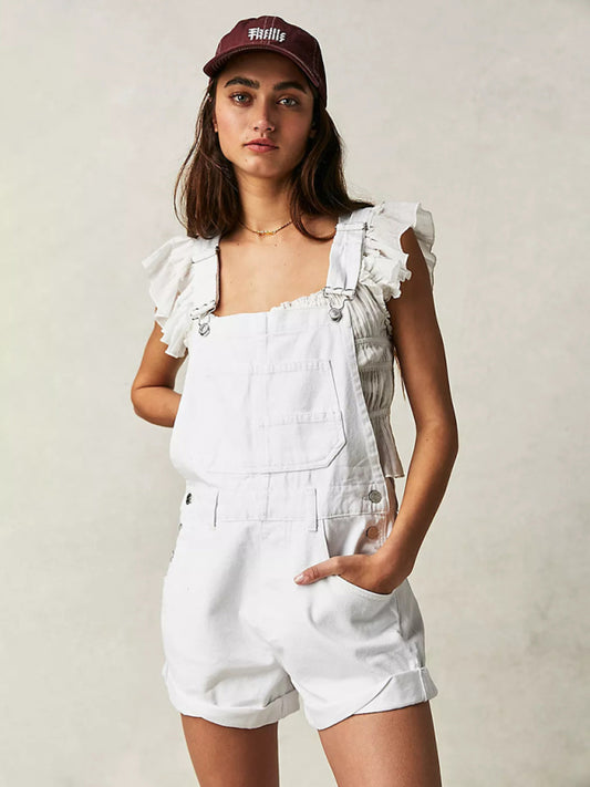 Denim Playsuit - Cotton Denim Playsuit with Folded Hem - Overalls