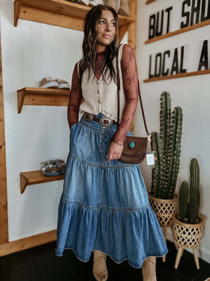 Denim Skirts - Vintage Washed Denim Tiered Midi Skirt for Modern Style