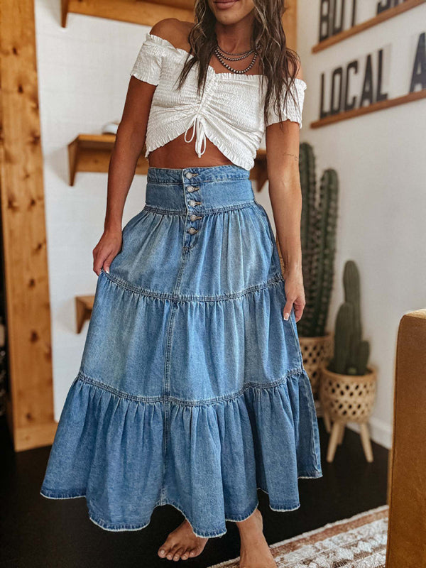 Denim Skirts - Vintage Washed Denim Tiered Midi Skirt for Modern Style