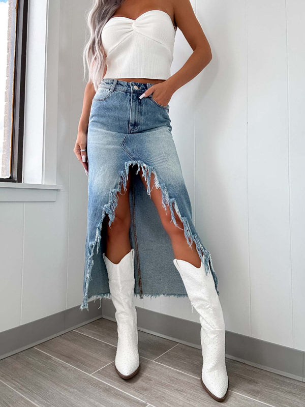 Denim Skirts - Edgy Distressed High-Low Denim Skirt with Frayed Hemline