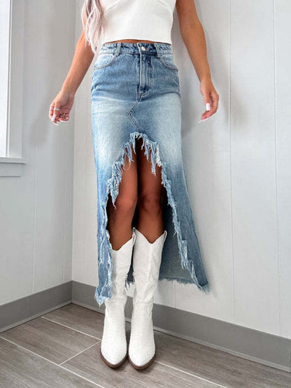 Denim Skirts - Edgy Distressed High-Low Denim Skirt with Frayed Hemline