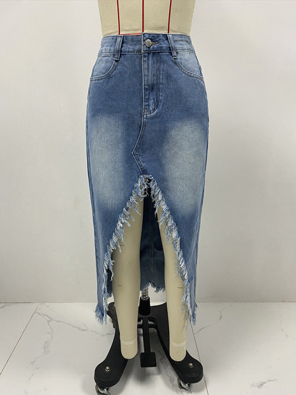 Denim Skirts - Edgy Distressed High-Low Denim Skirt with Frayed Hemline