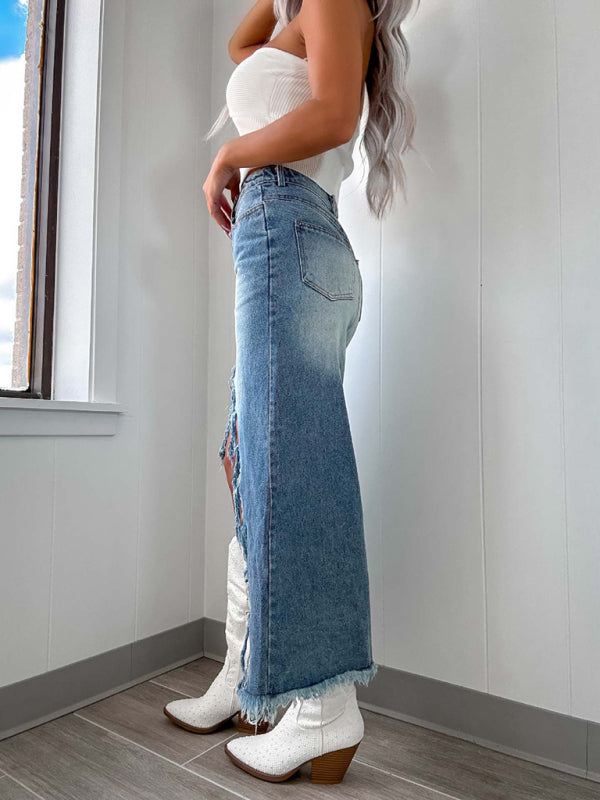 Denim Skirts - Edgy Distressed High-Low Denim Skirt with Frayed Hemline