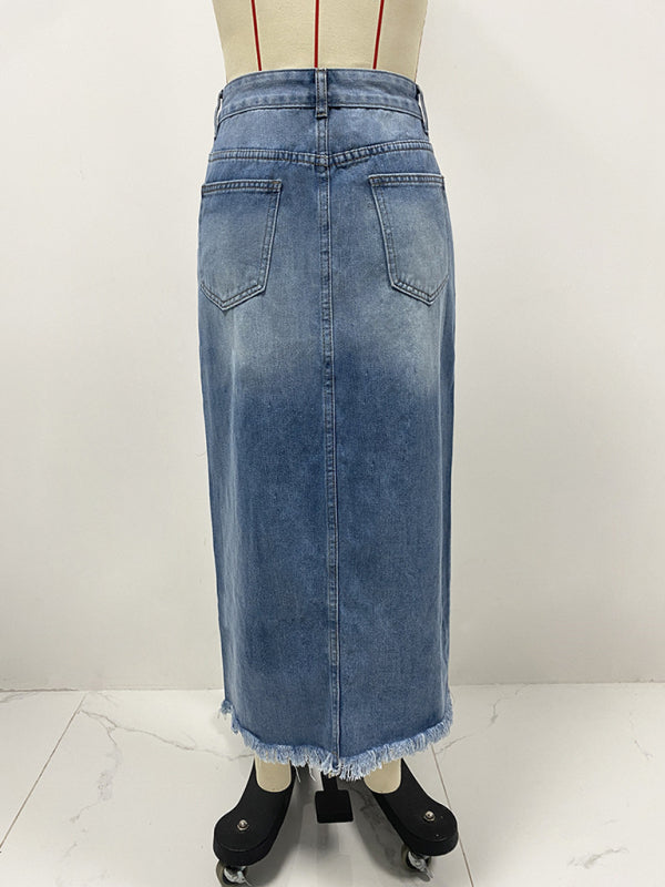 Denim Skirts - Edgy Distressed High-Low Denim Skirt with Frayed Hemline