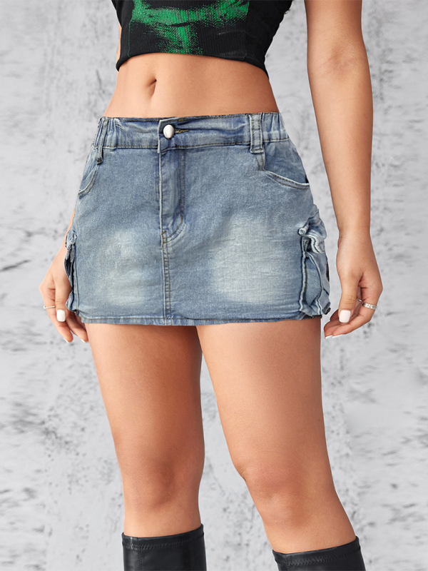 Denim Skirts- Edgy Mini Denim Skirt in Cargo Style- - Pekosa Women Fashion