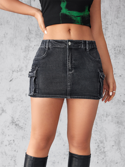 Denim Skirts- Edgy Mini Denim Skirt in Cargo Style- - Pekosa Women Fashion