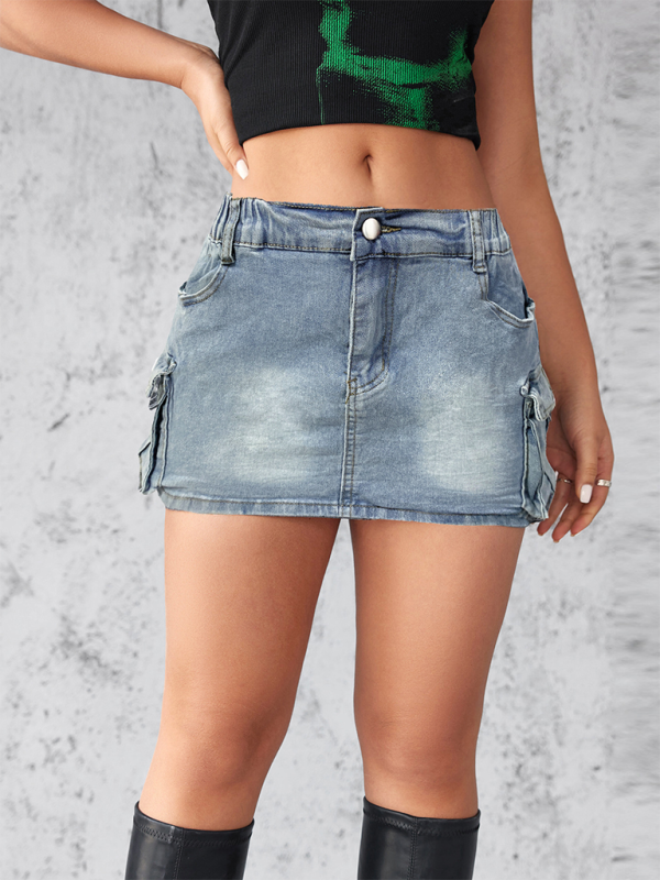 Denim Skirts- Edgy Mini Denim Skirt in Cargo Style- Clear blue- Pekosa Women Fashion