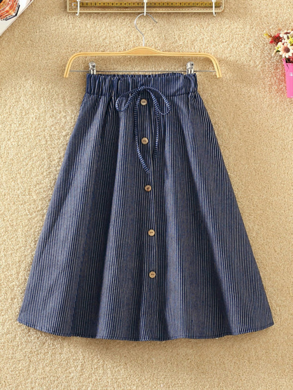 Denim Skirts - Elastic Waist Button-Down A-Line Denim Skirts – Perfect for Casual Outings