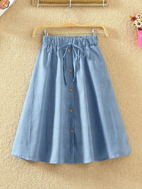 Denim Skirts - Elastic Waist Button-Down A-Line Denim Skirts – Perfect for Casual Outings