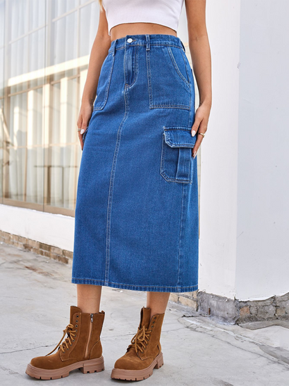 Cargo Mid-Calf Denim Skirt with Practical Design