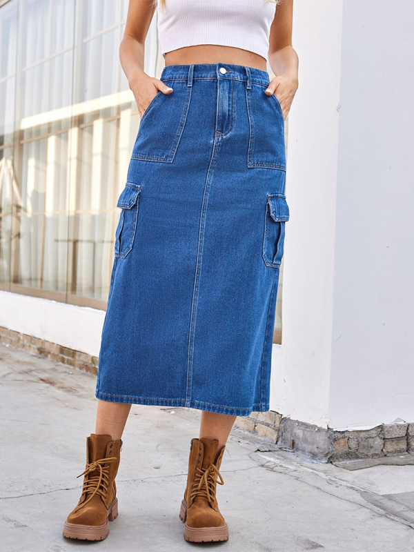 Cargo Mid-Calf Denim Skirt with Practical Design