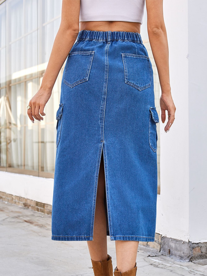 Cargo Mid-Calf Denim Skirt with Practical Design