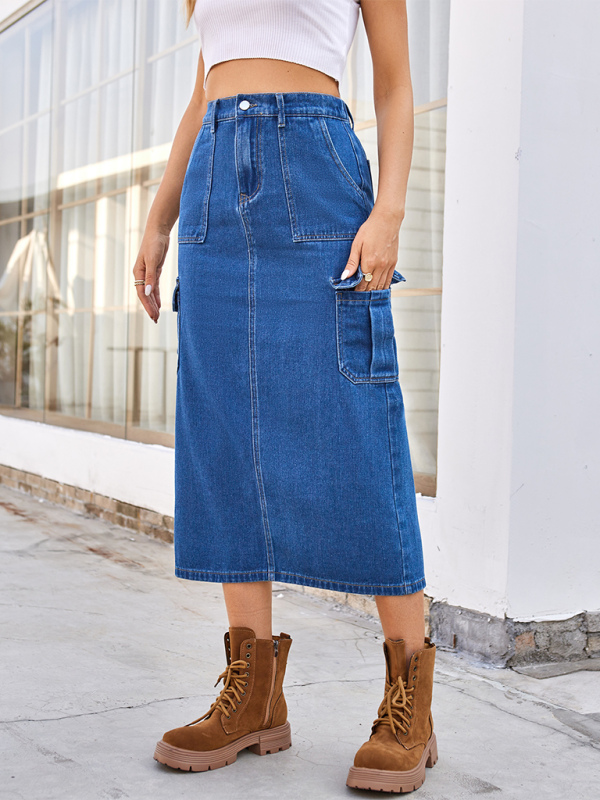 Cargo Mid-Calf Denim Skirt with Practical Design