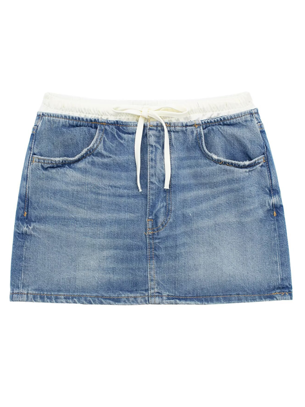 Denim Skrits- Women Edgy Denim Mini Skirt with Contrast Waistband- Blue- Chuzko Women Clothing