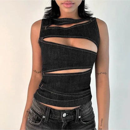 Denim Tops - Edgy Denim Top with Unique Cutouts