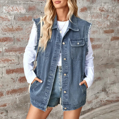 Denim Vest - Oversized Classic Denim Vest – Biker Look Design