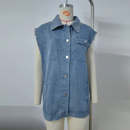 Denim Vest - Oversized Classic Denim Vest – Biker Look Design