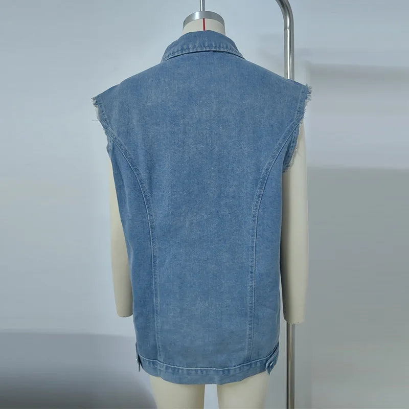 Denim Vest - Oversized Classic Denim Vest – Biker Look Design