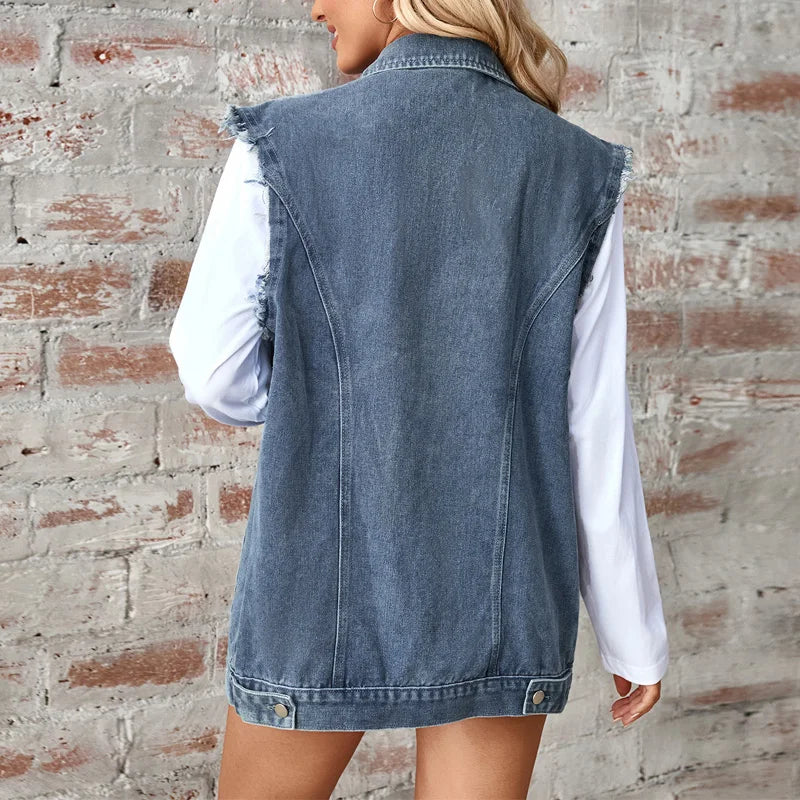 Denim Vest - Oversized Classic Denim Vest – Biker Look Design