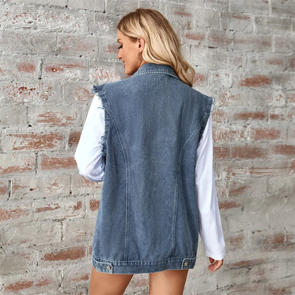 Denim Vest - Oversized Classic Denim Vest – Biker Look Design