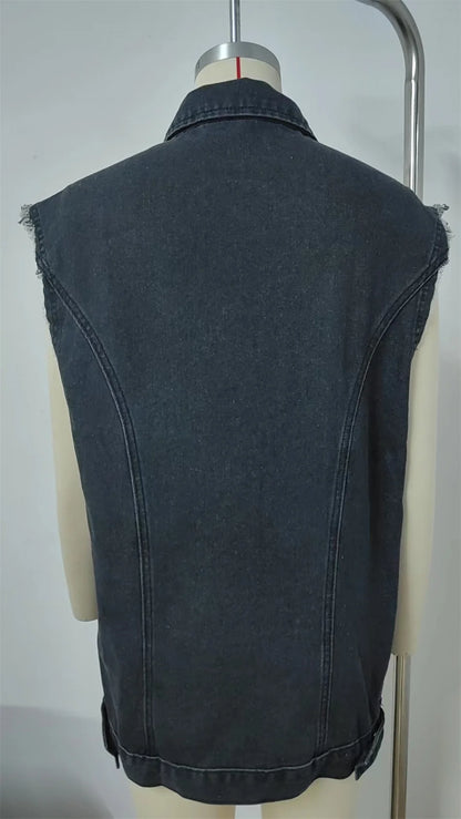 Denim Vest - Oversized Classic Denim Vest – Biker Look Design