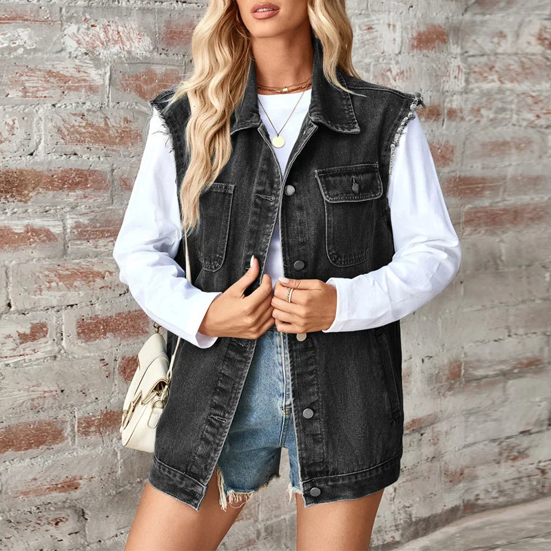 Denim Vest - Oversized Classic Denim Vest – Biker Look Design